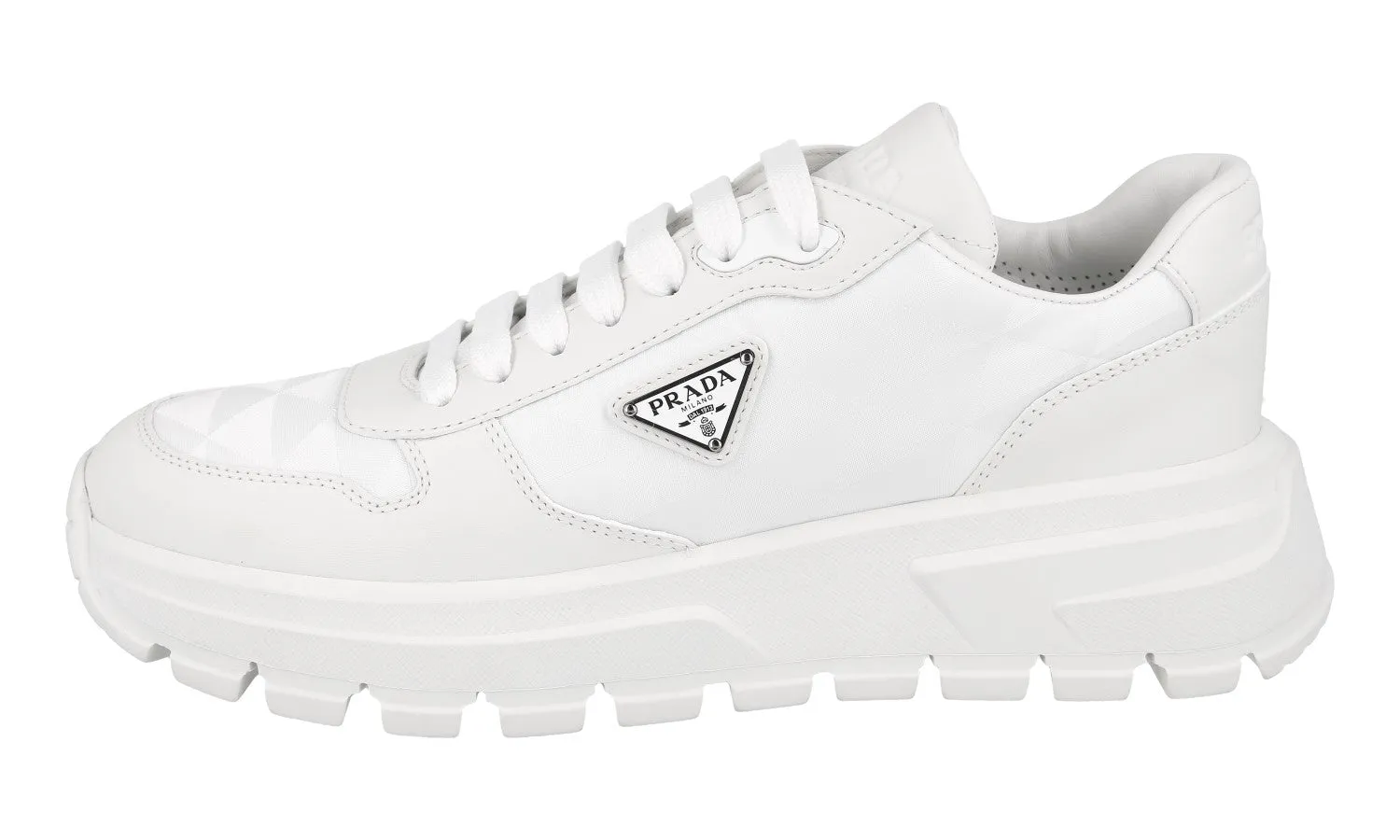 Shock Design Prada Women's White Leather Prax01 Symbole Triangle Platform Sneaker 1E620N