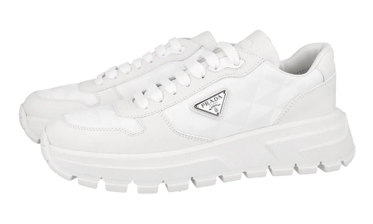 All Setup Thermoplastic Unit Prada Women's White Leather Prax01 Symbole Triangle Platform Sneaker 1E620N