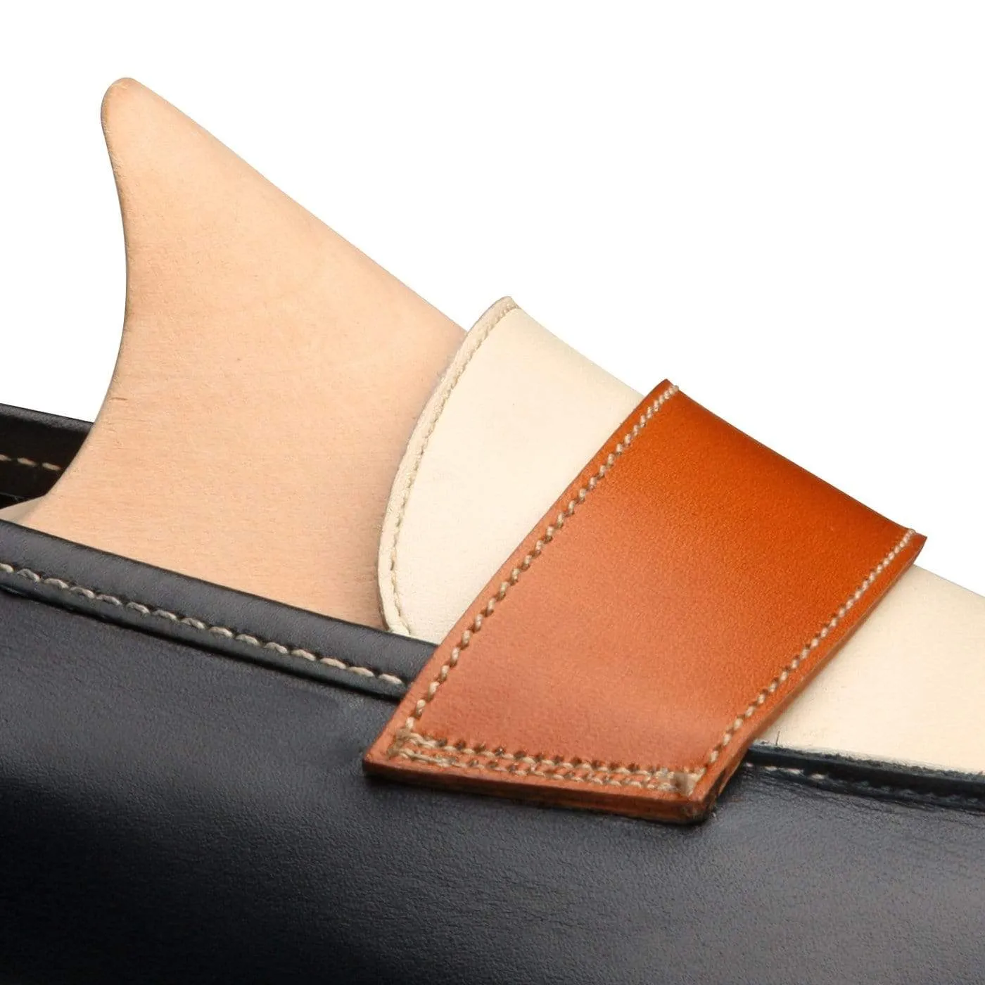 Clare Navy, Ivory & Tan Burnished Calf Foot Guard Low   Heel