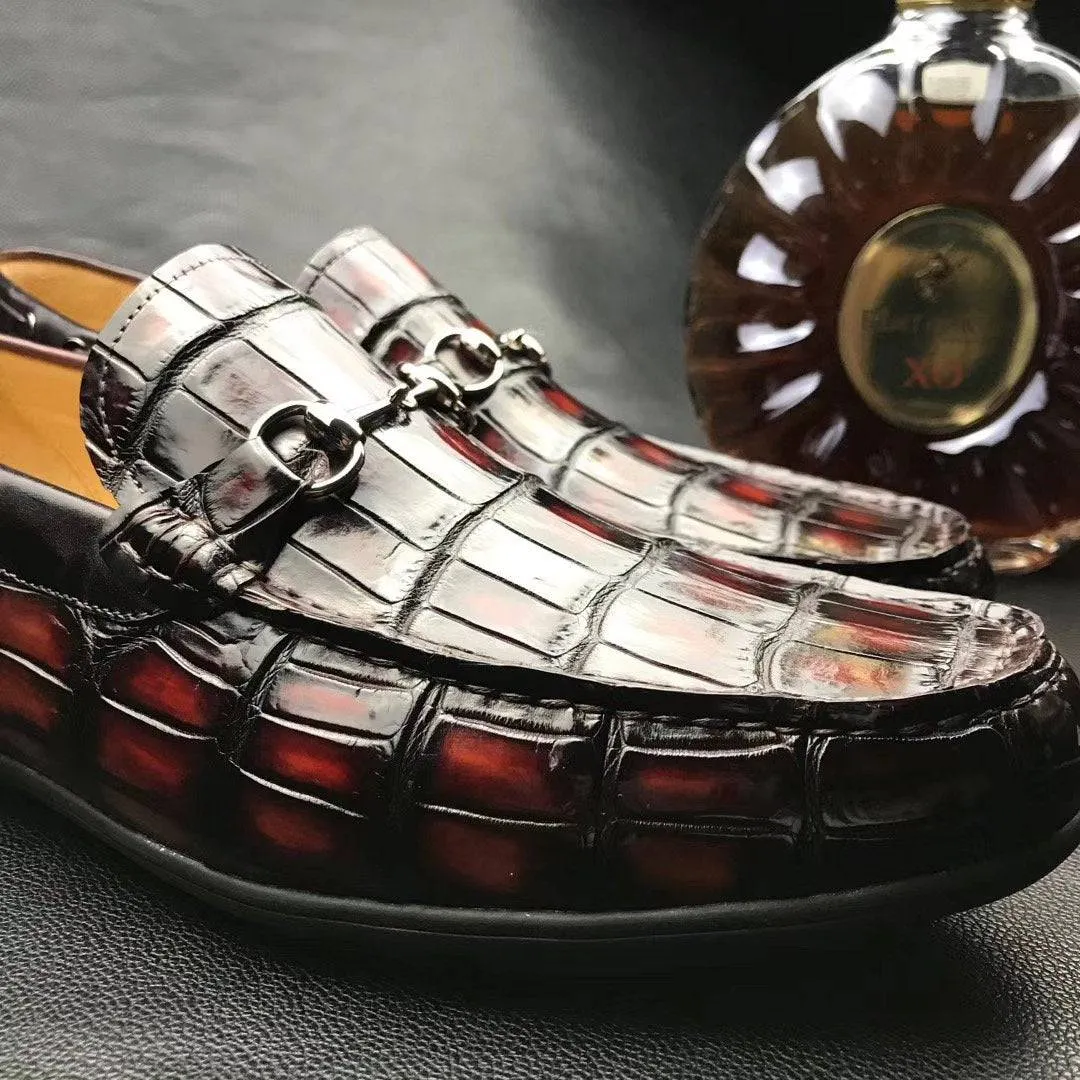 Smooth Finish Shell Tone Crocodile Shoes Genuine Crocodile Leather Penny Casual Tassel Horsebit Loafers