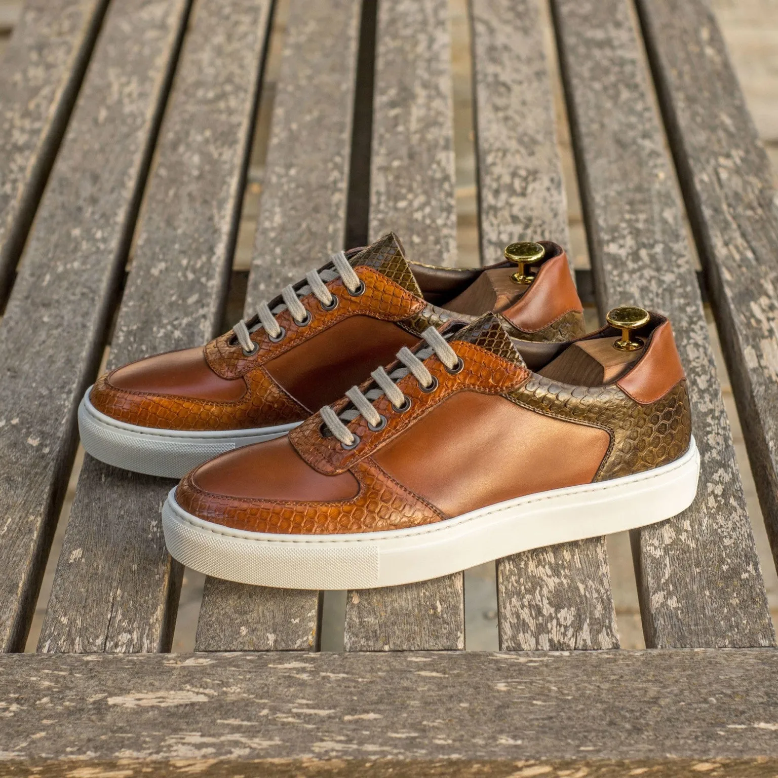 Matte Finish Polish Trim Cognac & Olive Python Low-Top Sneakers