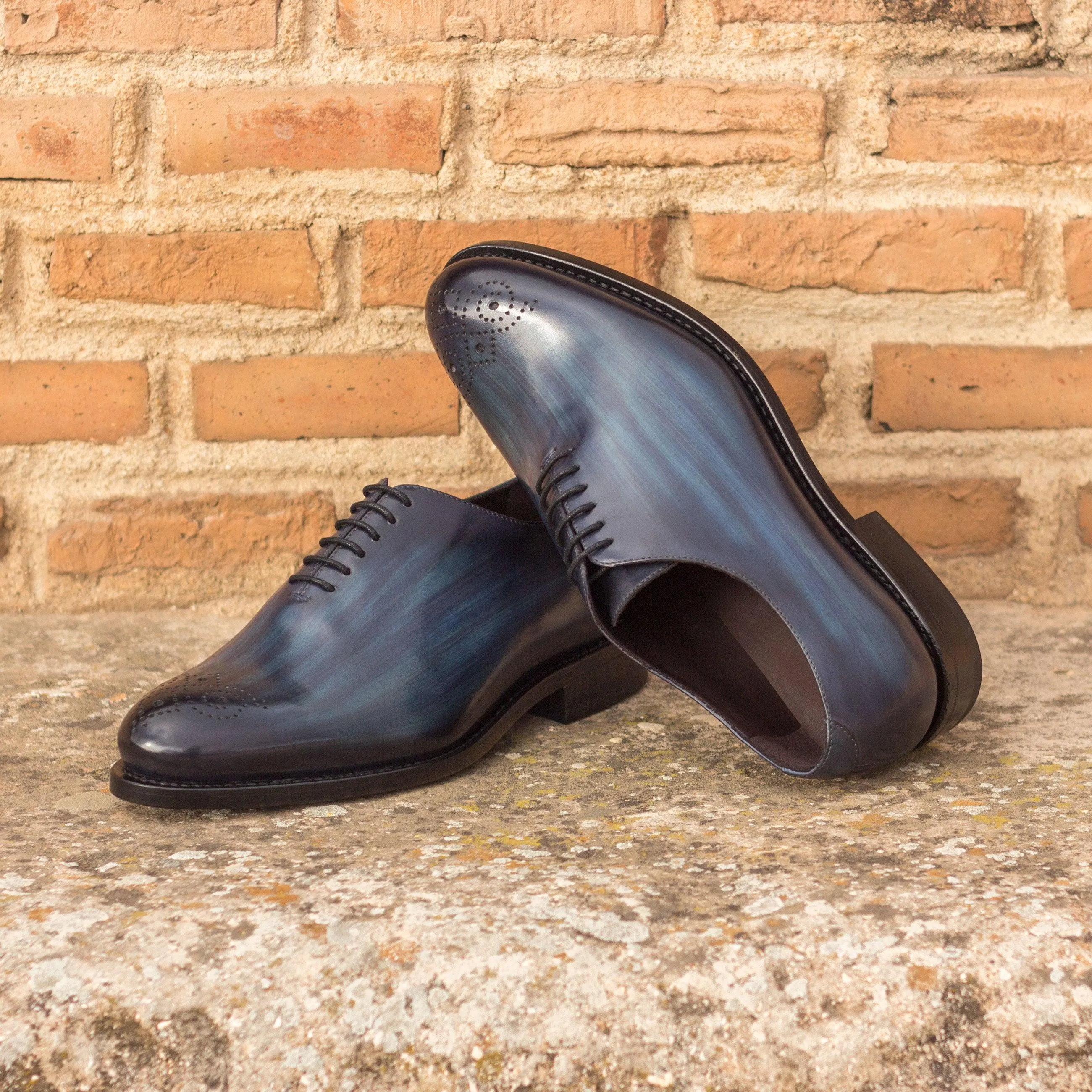 Weekend Party Navy Blue Patina Leather Wholecut Shoes