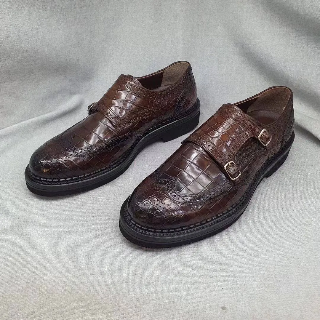 Spa Glow Crocodile Shoes Men's Crocodile Leather Brogue Lace-Up Shoes Brown