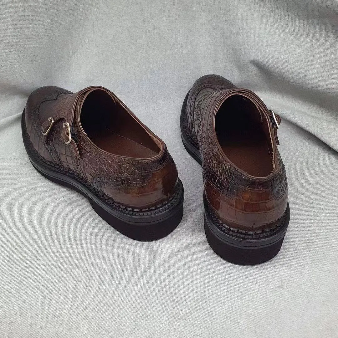 Coast Glow Everyday Flats Crocodile Shoes Men's Crocodile Leather Brogue Lace-Up Shoes Brown