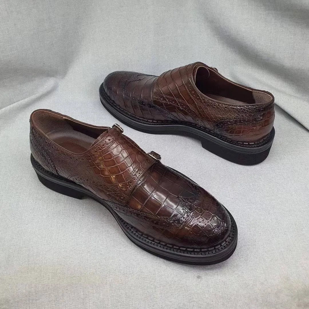 Sleek Profile Shoes Dance Night Crocodile Shoes Men's Crocodile Leather Brogue Lace-Up Shoes Brown