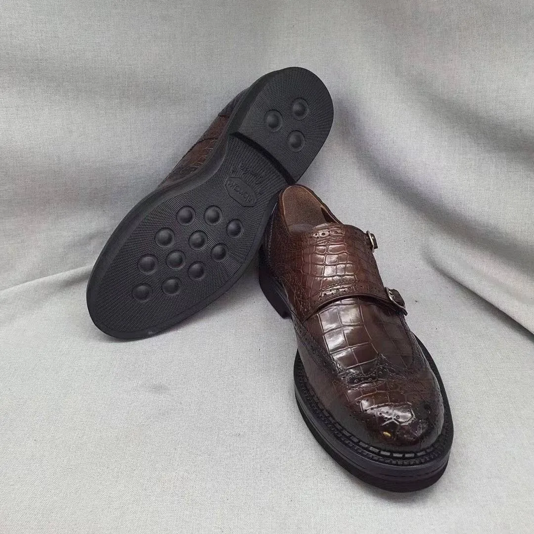 Resort Path Expo Mood Crocodile Shoes Men's Crocodile Leather Brogue Lace-Up Shoes Brown