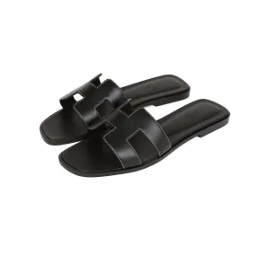 Breathable Lining Top quality Hermes Oran Sandals Black Box Calfskin 38