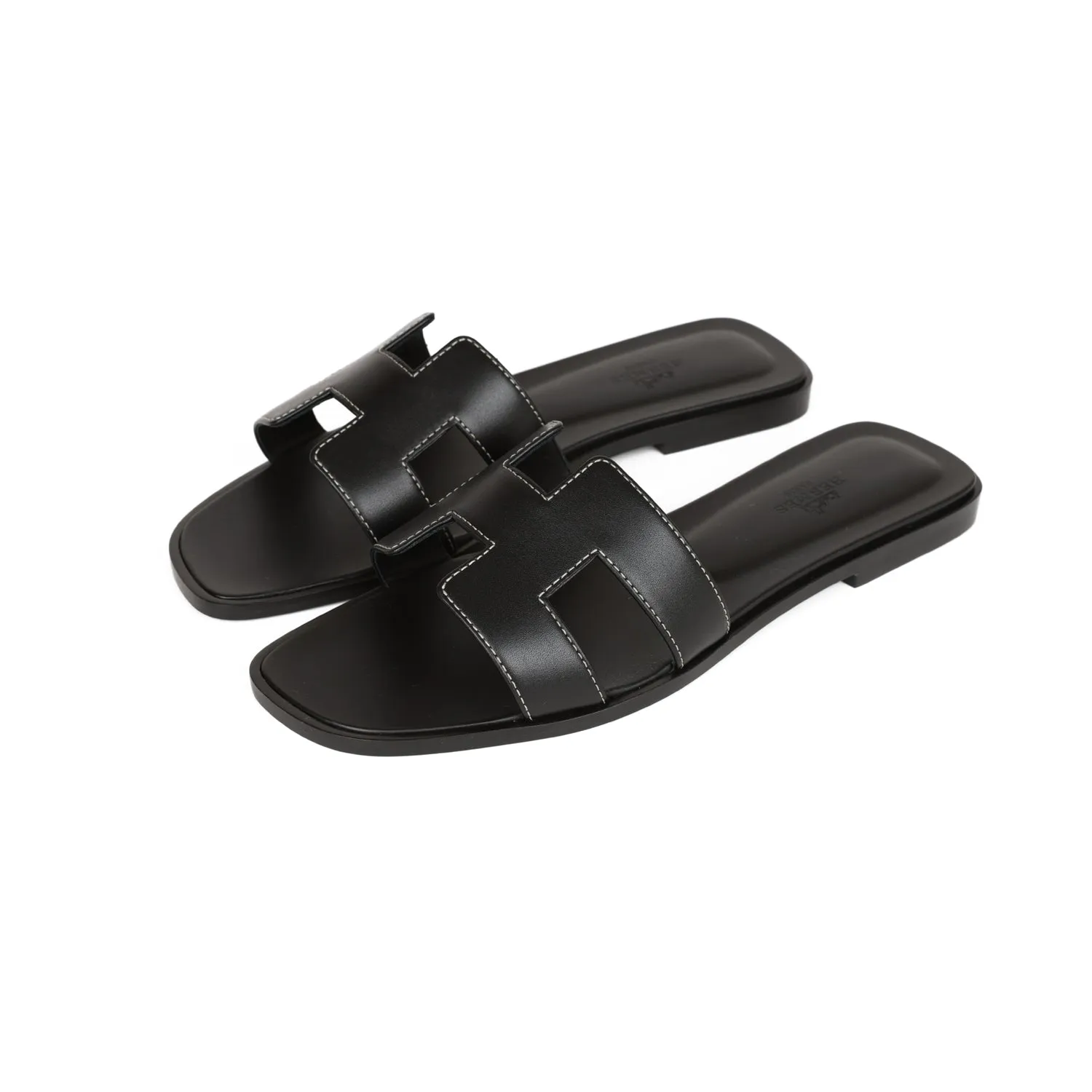 Breathable Lining Top quality Hermes Oran Sandals Black Box Calfskin 38