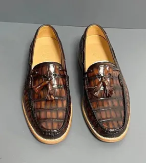 Stylish Padding Moon Camp Crocodile Shoes Vintage Genuine Crocodile Skin Leather Classic Fashion Slip On Driving Loafers