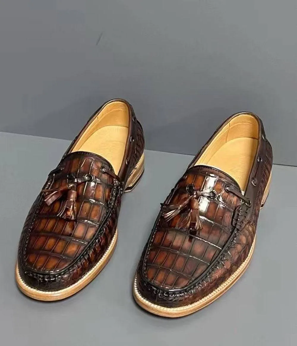 Crocodile Shoes Vintage Genuine Crocodile Skin Leather Classic Fashion Slip On Driving Loafers mesh material Bloom Mood