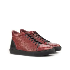 Red & Black Ostrich Leather High-Top Sneakers Non Slip Heel Grip Anti Slip Tread Design