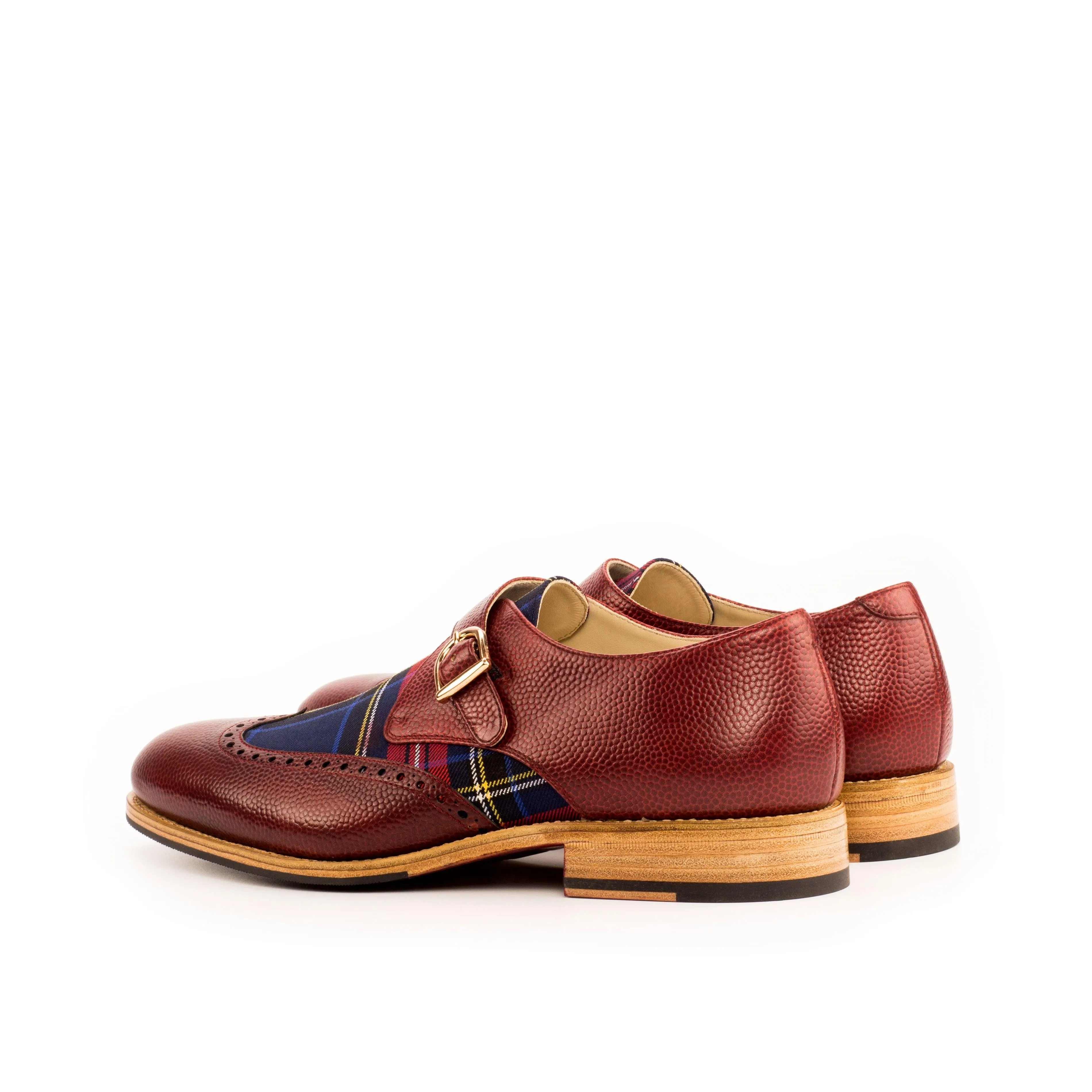 Red Leather & Tartan Fabric Single Monk Shoes Club Fit