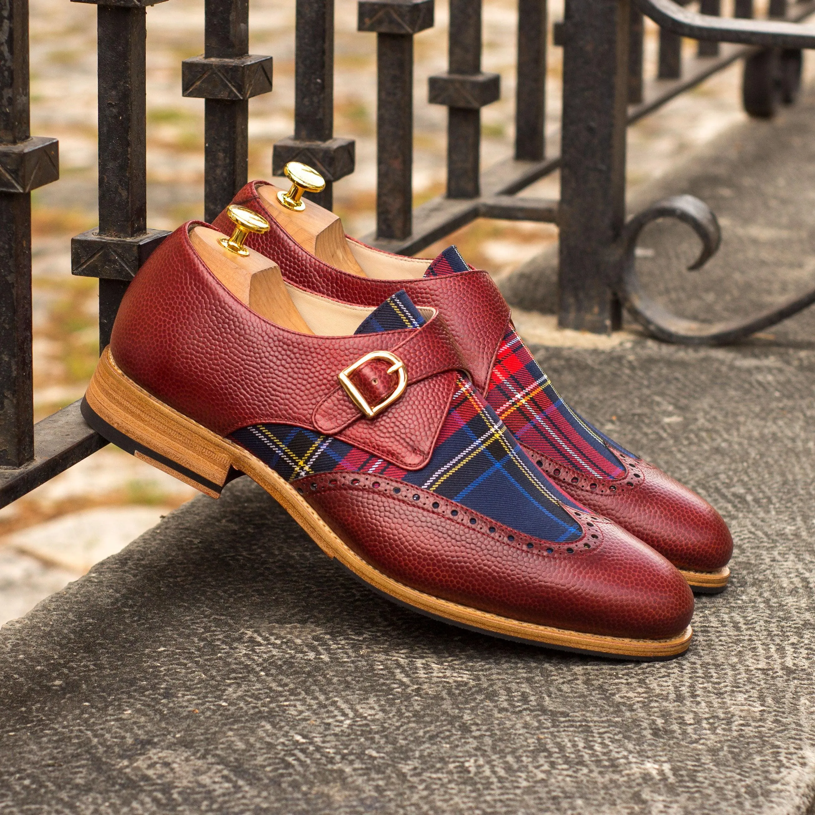 Red Leather & Tartan Fabric Single Monk Shoes Effort Ready