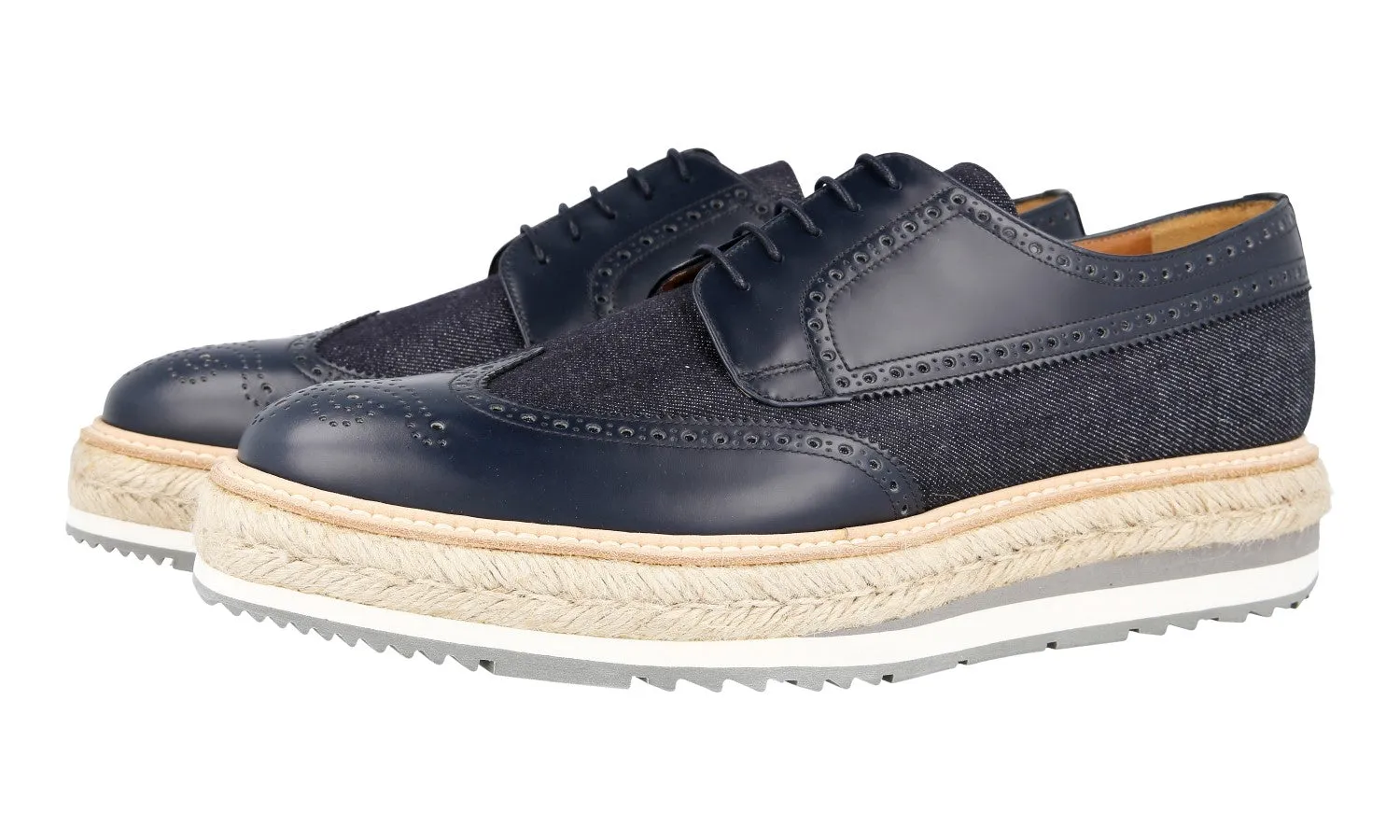Prada Men's Blue Full Brogue Leather Derby Lace-up Shoes 2EG015 Cool Layers Soft Material