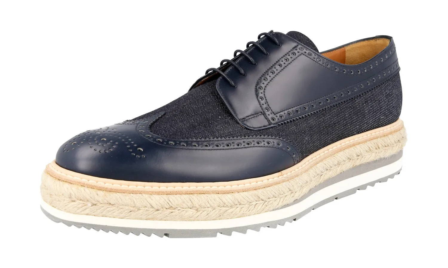 Elegant Profile Breathable Cover Prada Men's Blue Full Brogue Leather Derby Lace-up Shoes 2EG015