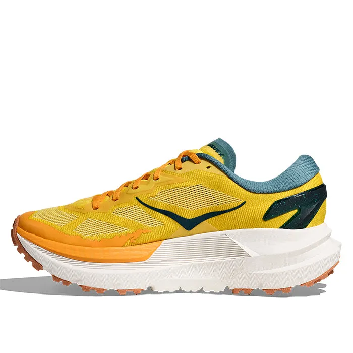 Mens Hoka Mafate X in Zest/Mountain Fog Asymmetric Lacing Designs Recycled Rubber Outsole