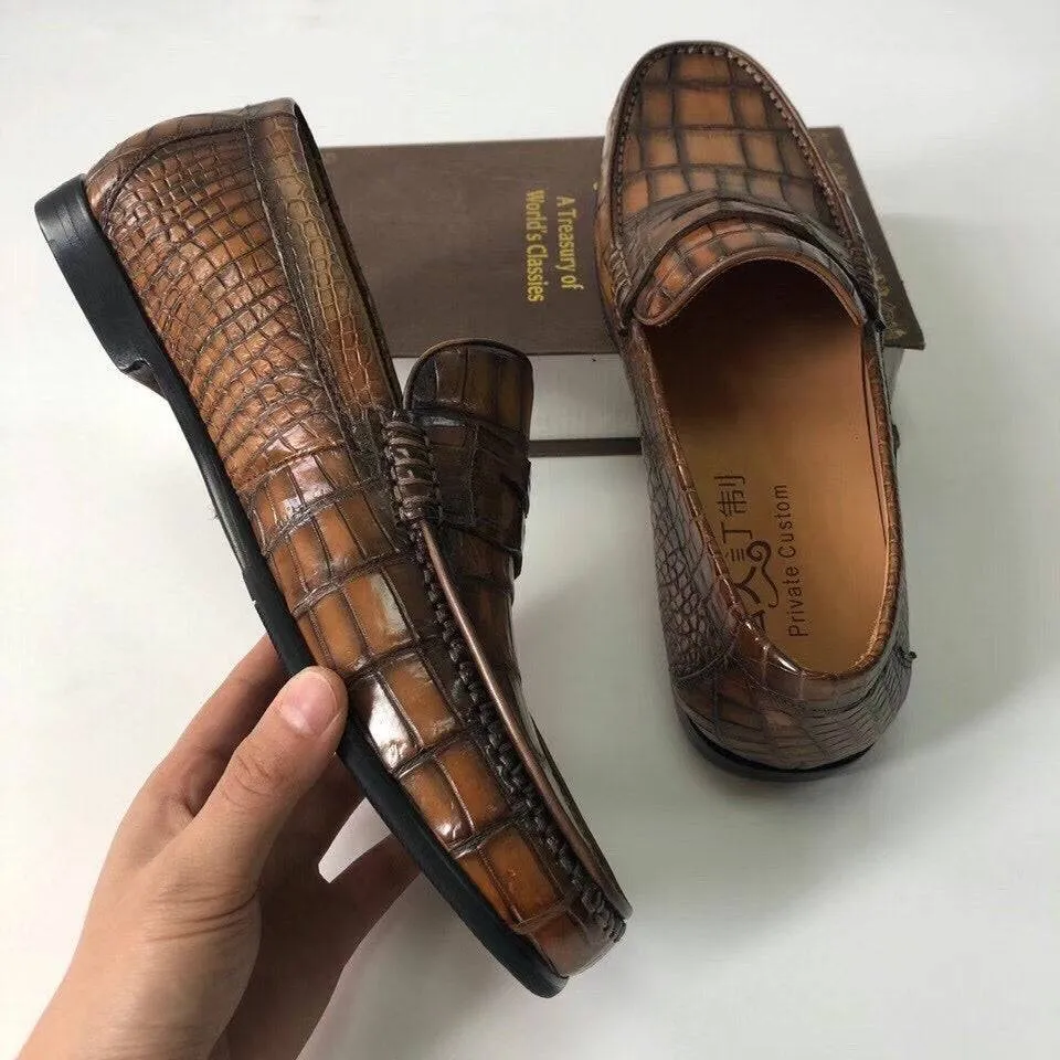 Crocodile Shoes Crocodile  Leather Shoes Mens Slip-On Driving Loafer Shoes Vintage Brown Fund Mood French Charm