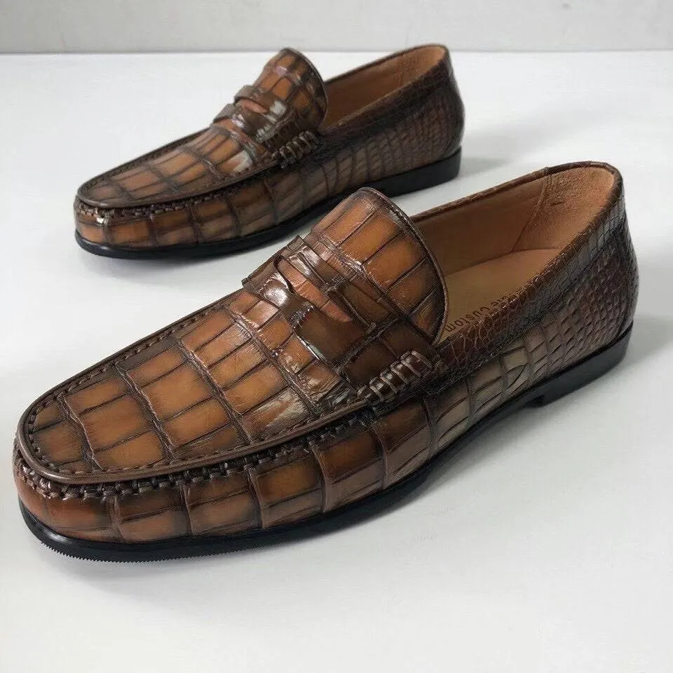 Crocodile Shoes Crocodile  Leather Shoes Mens Slip-On Driving Loafer Shoes Vintage Brown Cozy Comfort