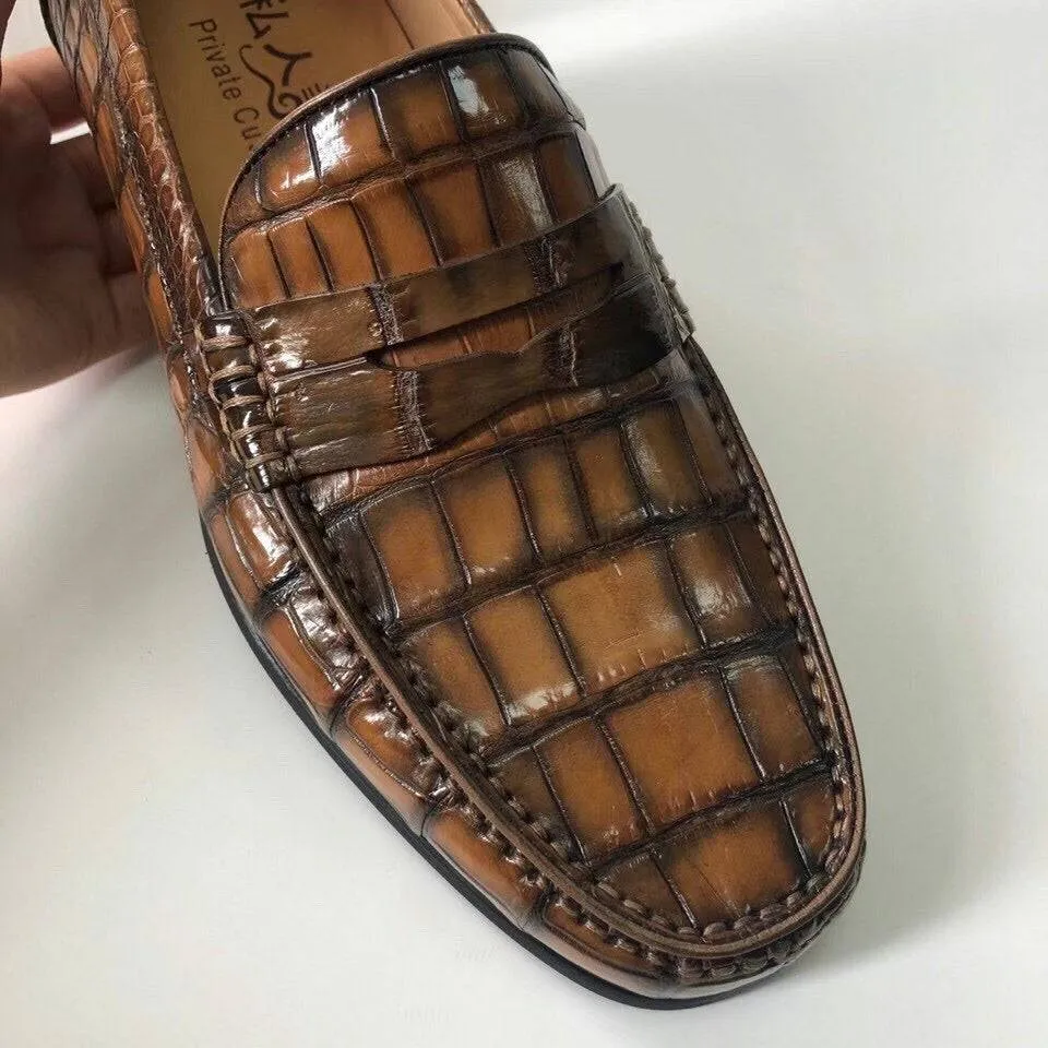 Fashionable Flats Shoes City Fresh Crocodile Shoes Crocodile  Leather Shoes Mens Slip-On Driving Loafer Shoes Vintage Brown