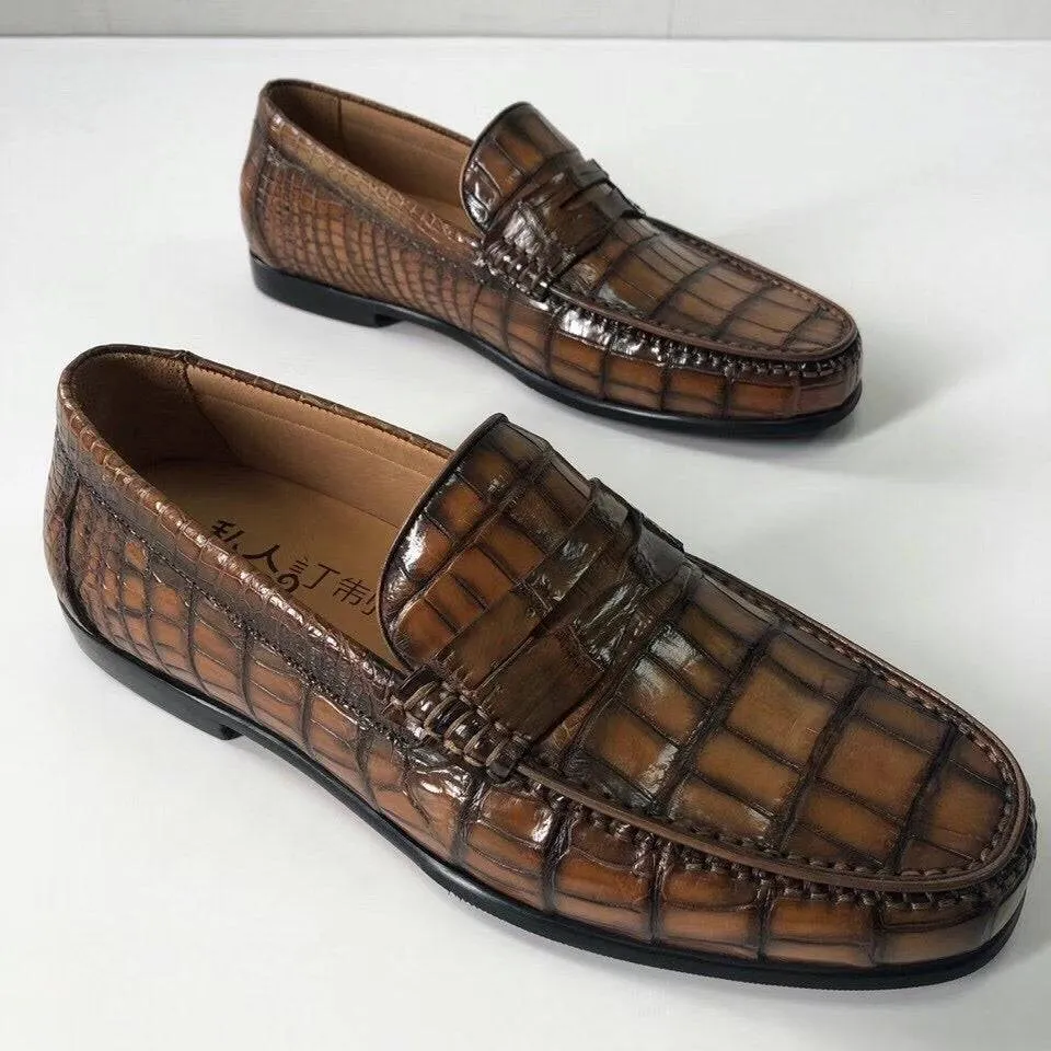 upper garden party Crocodile Shoes Crocodile  Leather Shoes Mens Slip-On Driving Loafer Shoes Vintage Brown