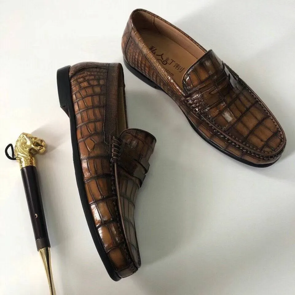 Crocodile Shoes Crocodile  Leather Shoes Mens Slip-On Driving Loafer Shoes Vintage Brown All weather