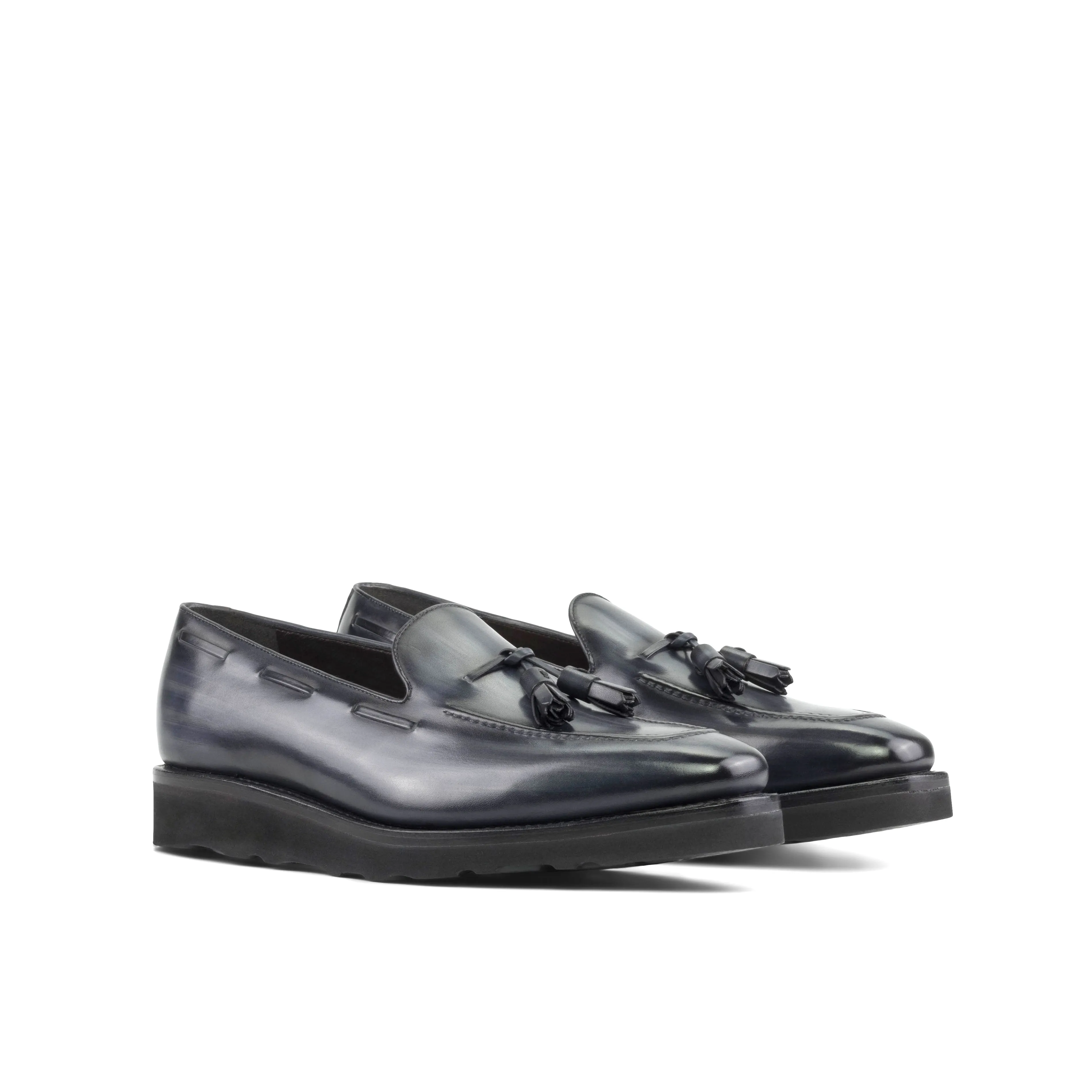 Grey Patina Leather Tassel Loafer Morning Glow Smooth Path