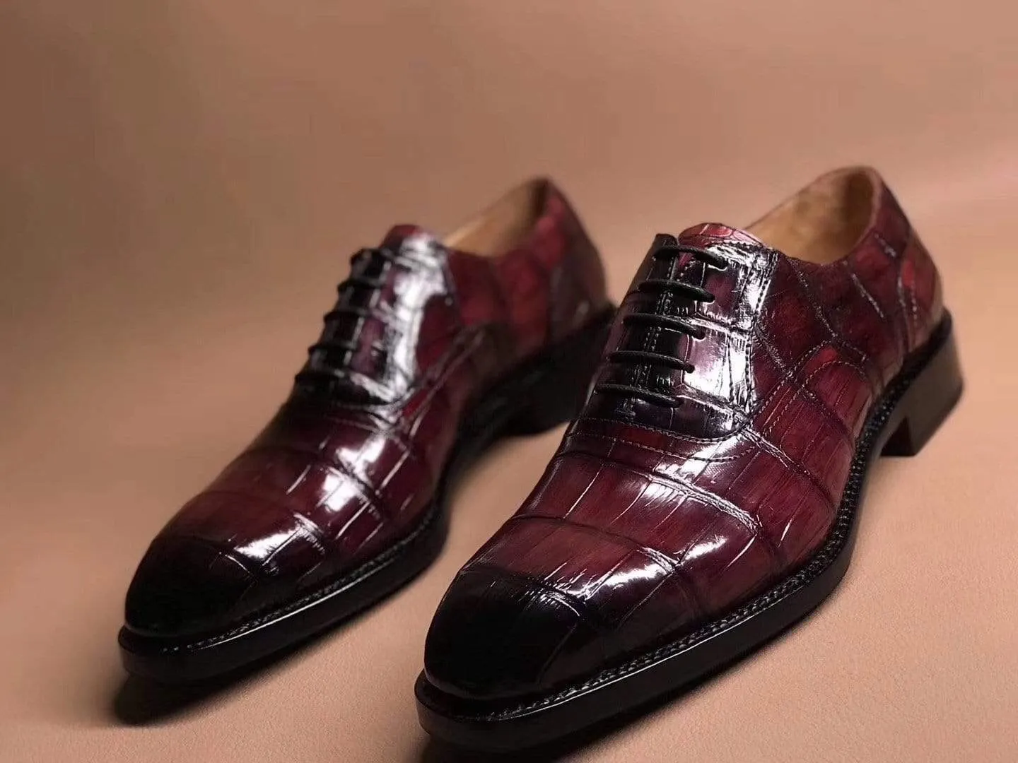 Shell Tone Crocodile Shoes Wine Red Crocodile Leather Lace Up Shoes