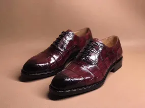 Ferry Step Crocodile Shoes Wine Red Crocodile Leather Lace Up Shoes