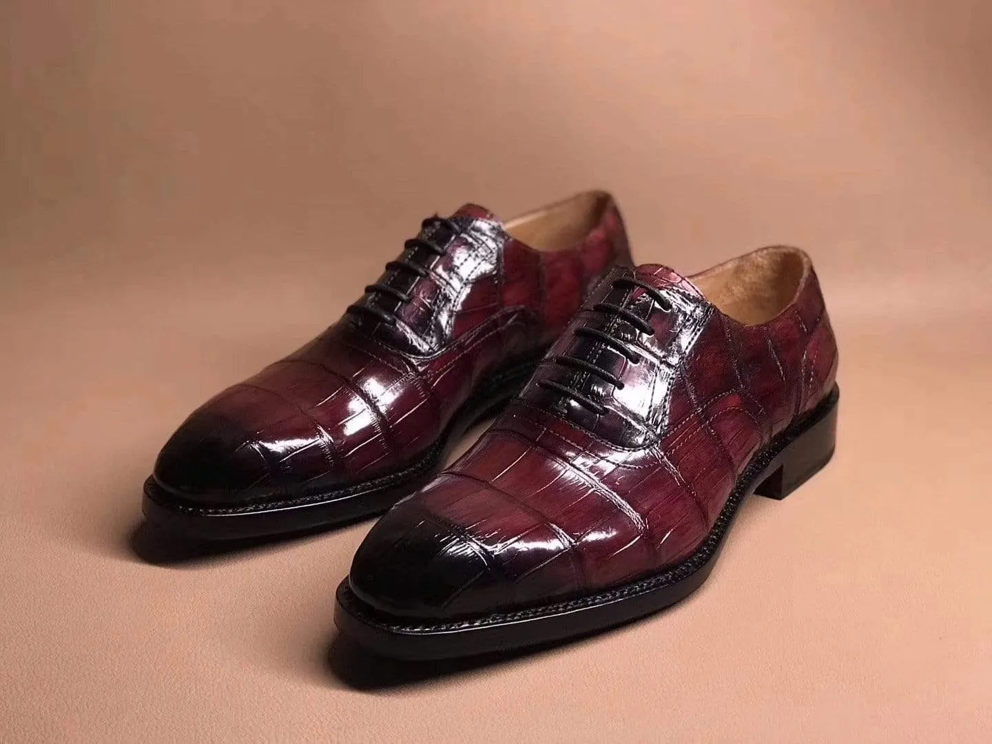 Ferry Step Crocodile Shoes Wine Red Crocodile Leather Lace Up Shoes