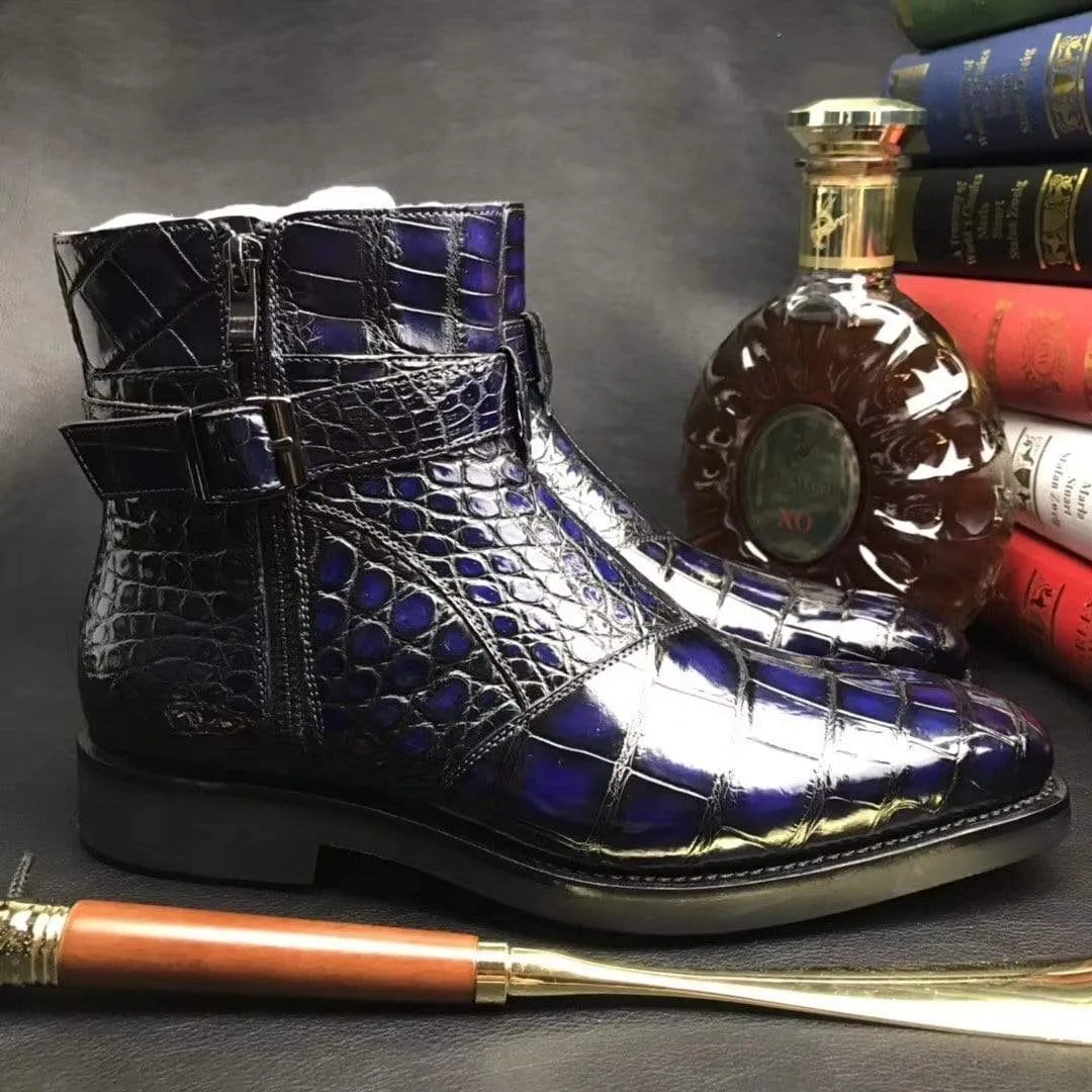 Crocodile Shoes Mens Crocodile Leather  Side Zipper Single Buckle  Boots Casual Look Fund Walk