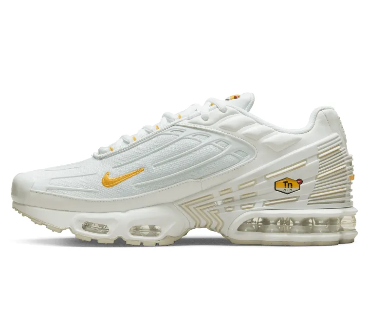 Men's Nike Air Max Plus TN III (White/Gold) running shoes for track workouts