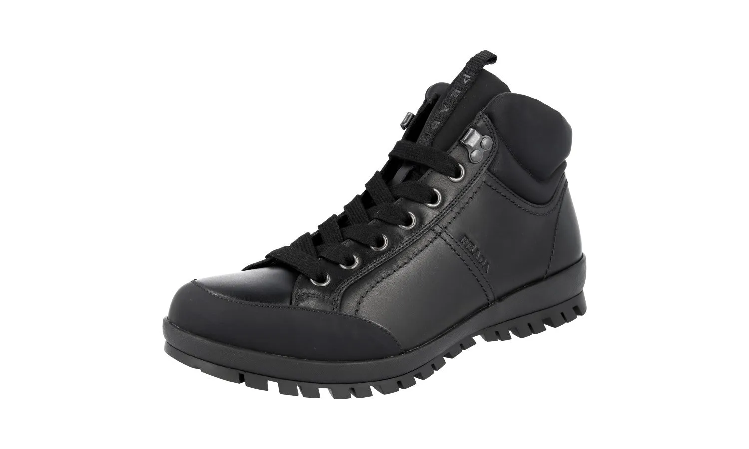 Prada Men's Black Leather High-Top Sneaker 4T3357 Injection Molded Construction