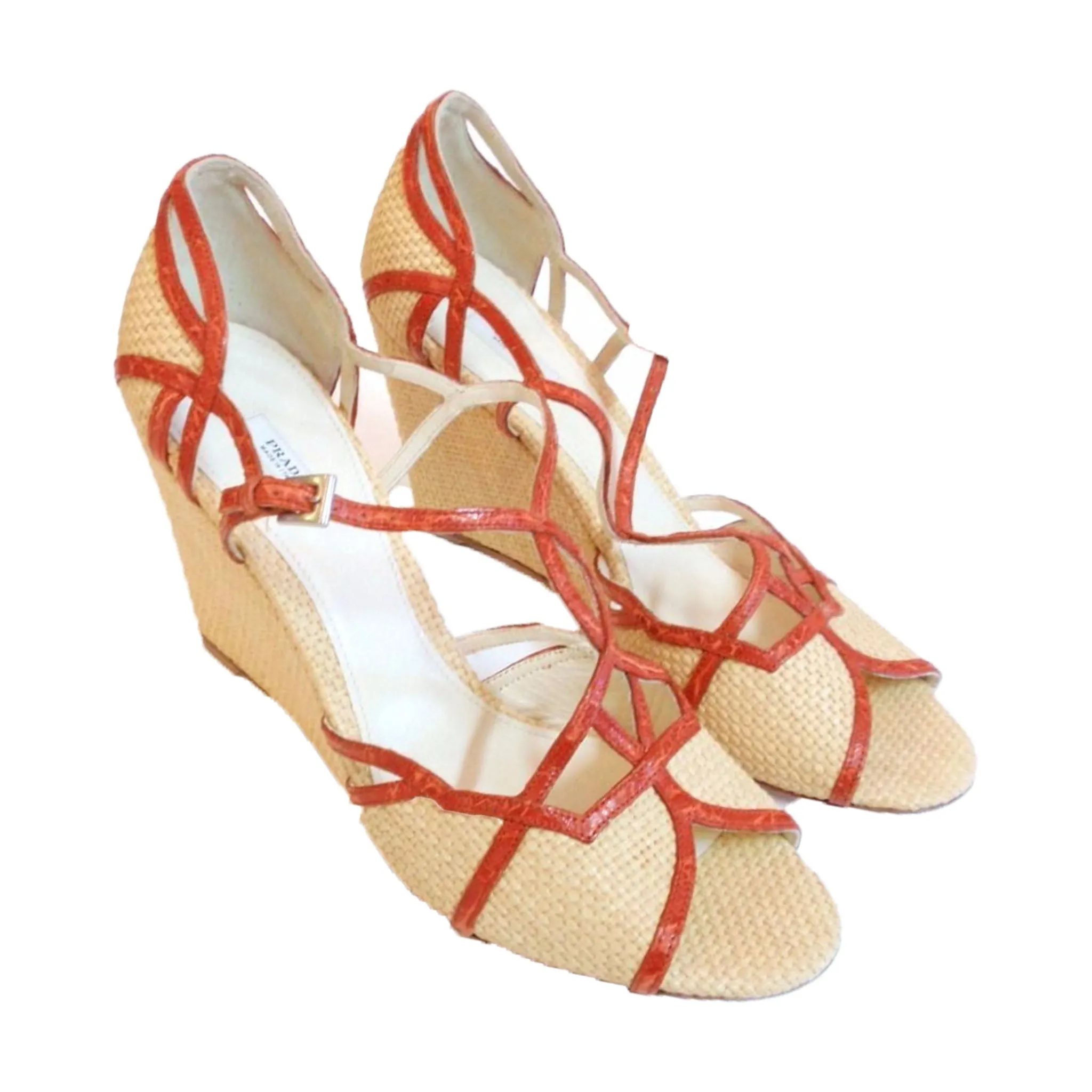 Non Slip Office Workers PRADA Woven Straw w/ Orange T-Strap Wedge Sandal Size 39