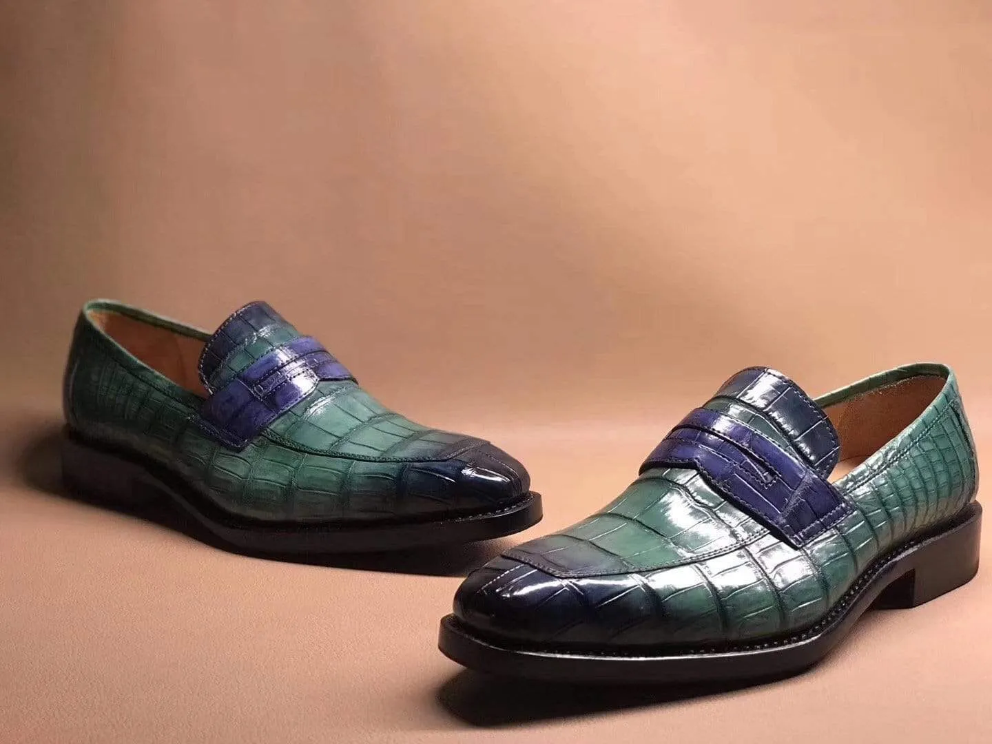 Smooth Cushion Crocodile Shoes Green Men's Crocodile Leather Loafers,Slip-Ons Diving Shoes, Penny Loafers Shoes