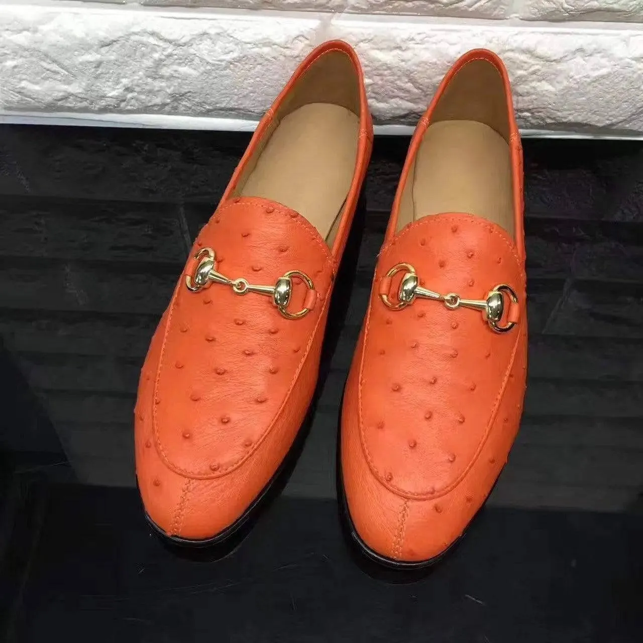 Crocodile Shoes Women's Gold Buckle Ostrich Leather Casual Dress Slip-On Loafer Shoes Supportive Padding House Shoe