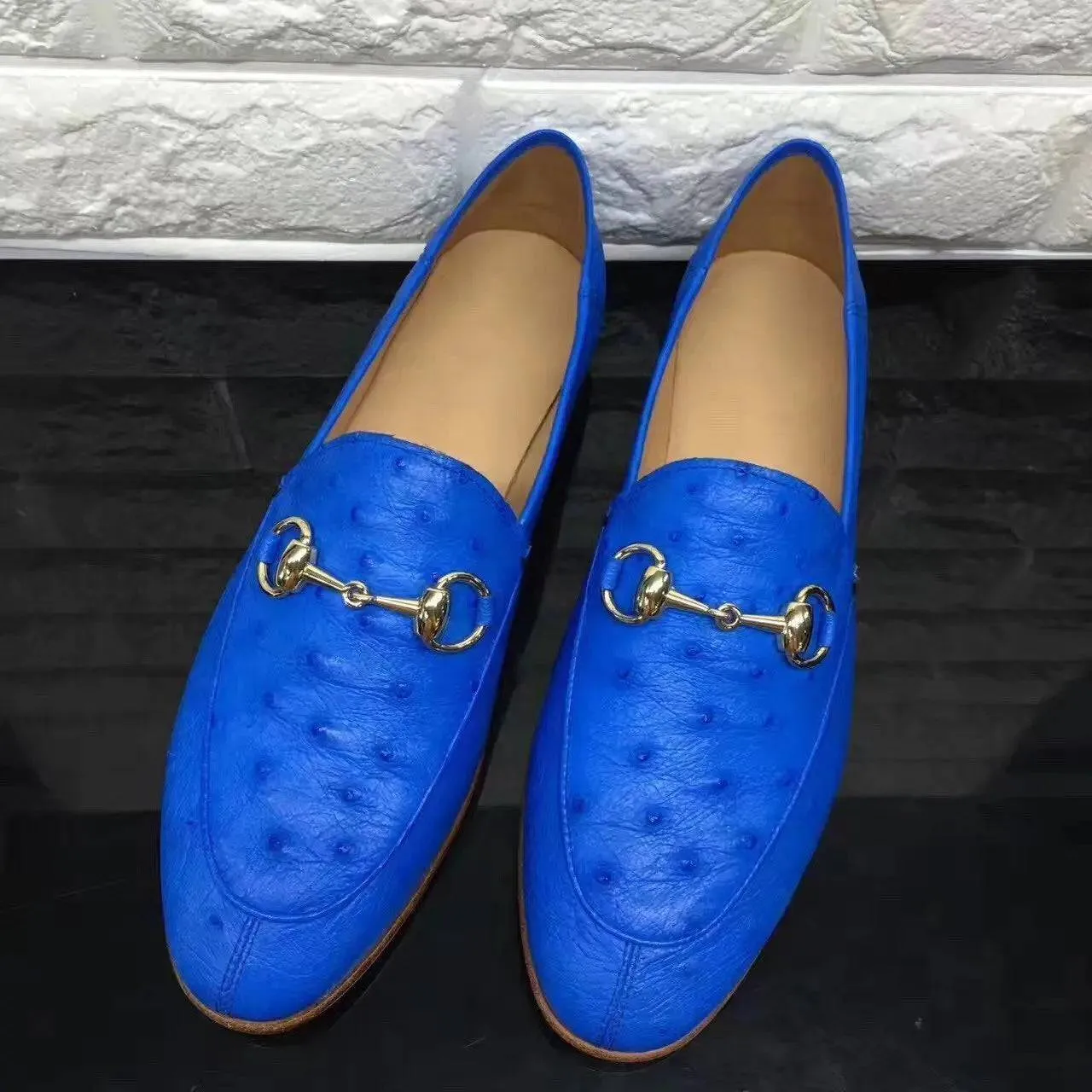 Crocodile Shoes Women's Gold Buckle Ostrich Leather Casual Dress Slip-On Loafer Shoes Tide Mood