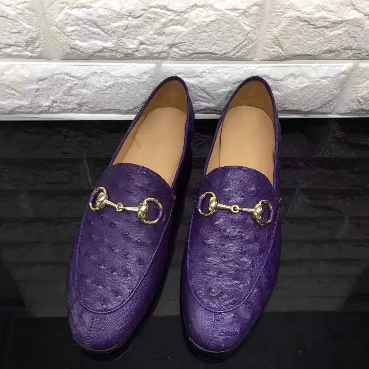 Foot Support Crocodile Shoes Women's Gold Buckle Ostrich Leather Casual Dress Slip-On Loafer Shoes