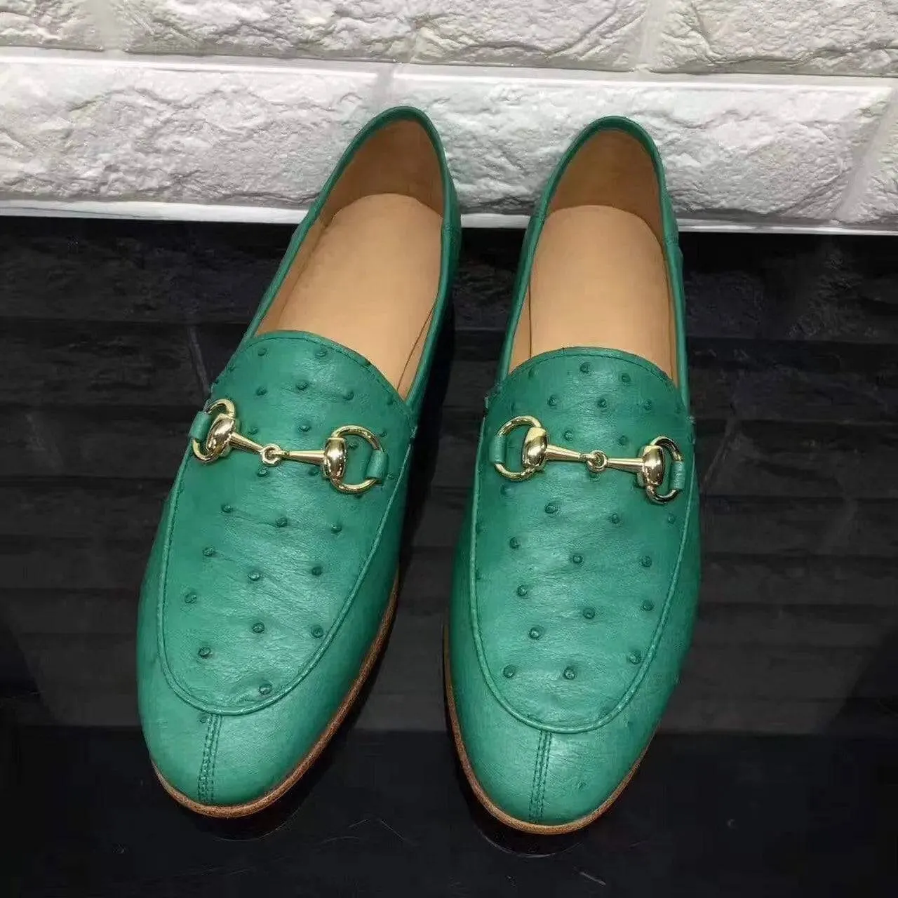 Crocodile Shoes Women's Gold Buckle Ostrich Leather Casual Dress Slip-On Loafer Shoes Cloud Comfort Footwear Resort Path