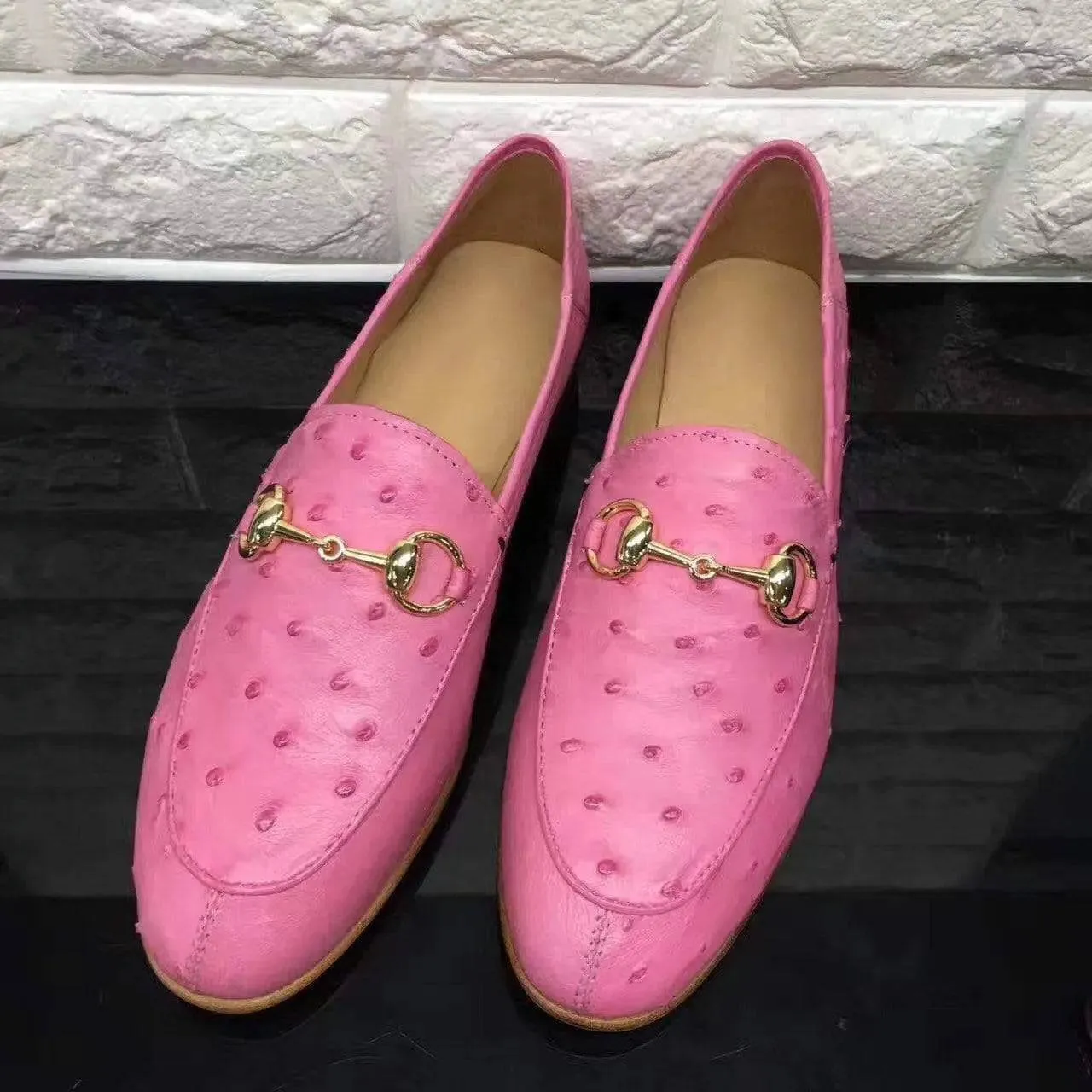 Health Mood Anti Odor Crocodile Shoes Women's Gold Buckle Ostrich Leather Casual Dress Slip-On Loafer Shoes