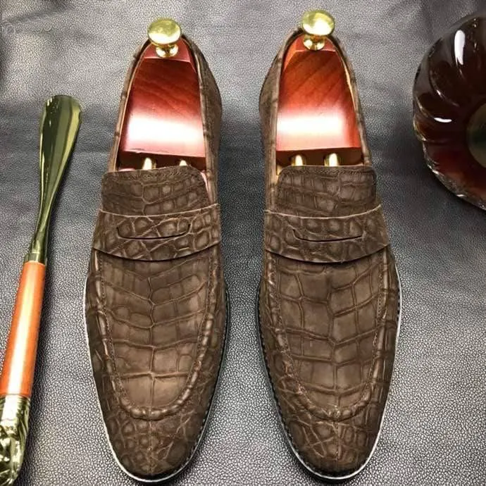 Crocodile Shoes Classic Sanded Genuine Crocodile Leather Slip On loafers driving shoes Brown Heat Ease Car trip