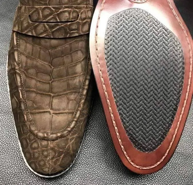 Boat ride Crocodile Shoes Classic Sanded Genuine Crocodile Leather Slip On loafers driving shoes Brown