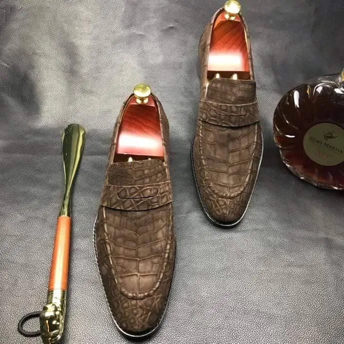 Crocodile Shoes Classic Sanded Genuine Crocodile Leather Slip On loafers driving shoes Brown Museum Glow