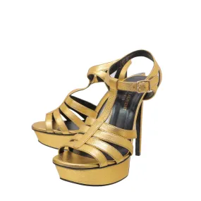 YSL Metallic Gold Strappy T-Strap Sandals 36.5 Timeless Footwear Velvet Wedding Heels