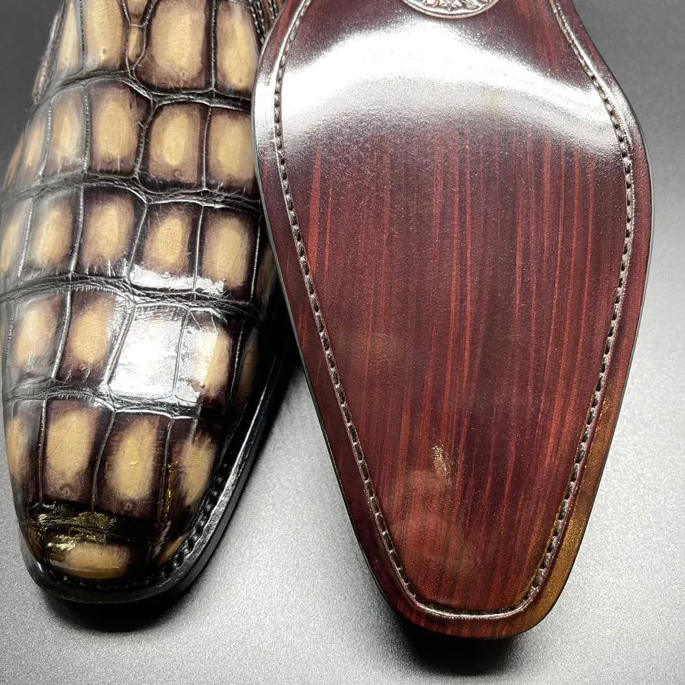 Reliable Comfort Block Walk Crocodile Shoes Genuine Crocodile Leather Mens Penny Loafers Dress Shoes Hand Painted Vintage Yellow