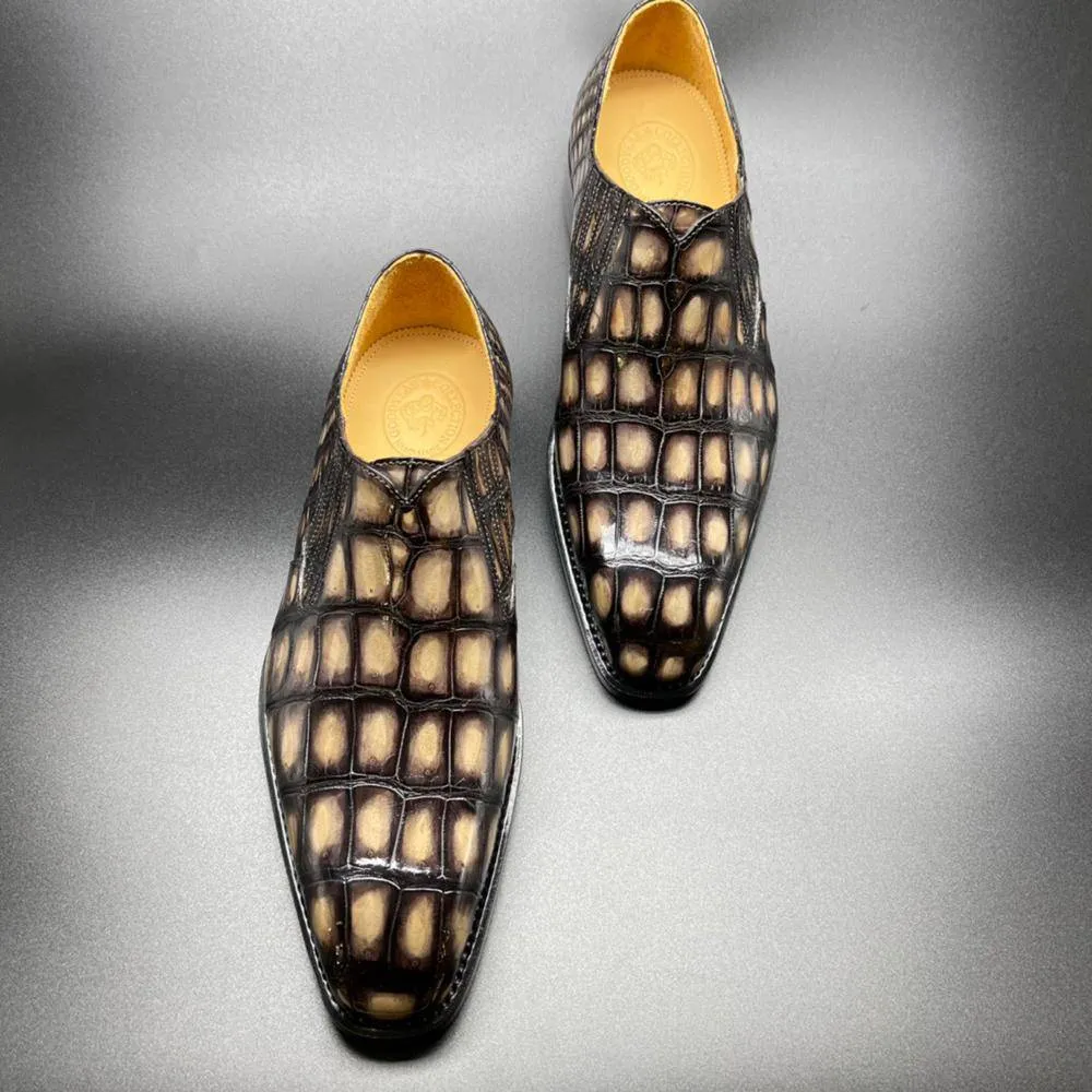 Cozy Day Art Fair Crocodile Shoes Genuine Crocodile Leather Mens Penny Loafers Dress Shoes Hand Painted Vintage Yellow
