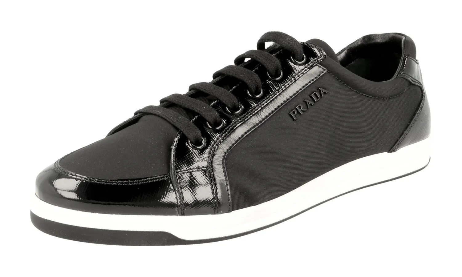 Prada Women's Black Saffiano Leather Sneaker 3E5892 Perforated Upper Design