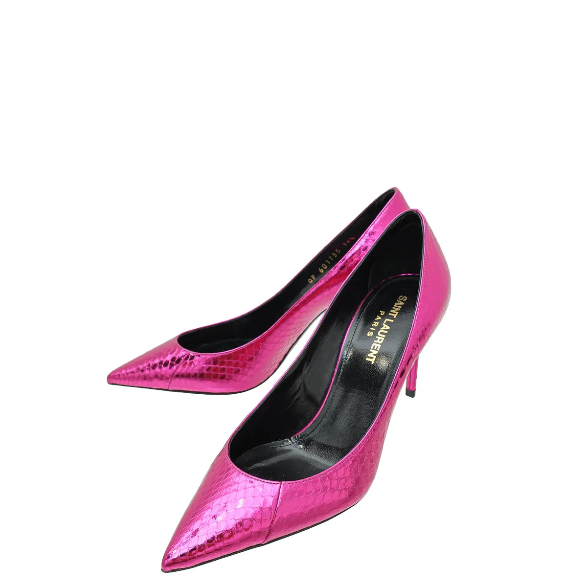 YSL Metallic Hot Pink Python Zoe Pumps 36.5 Open Heel Shoes Lightweight Upper