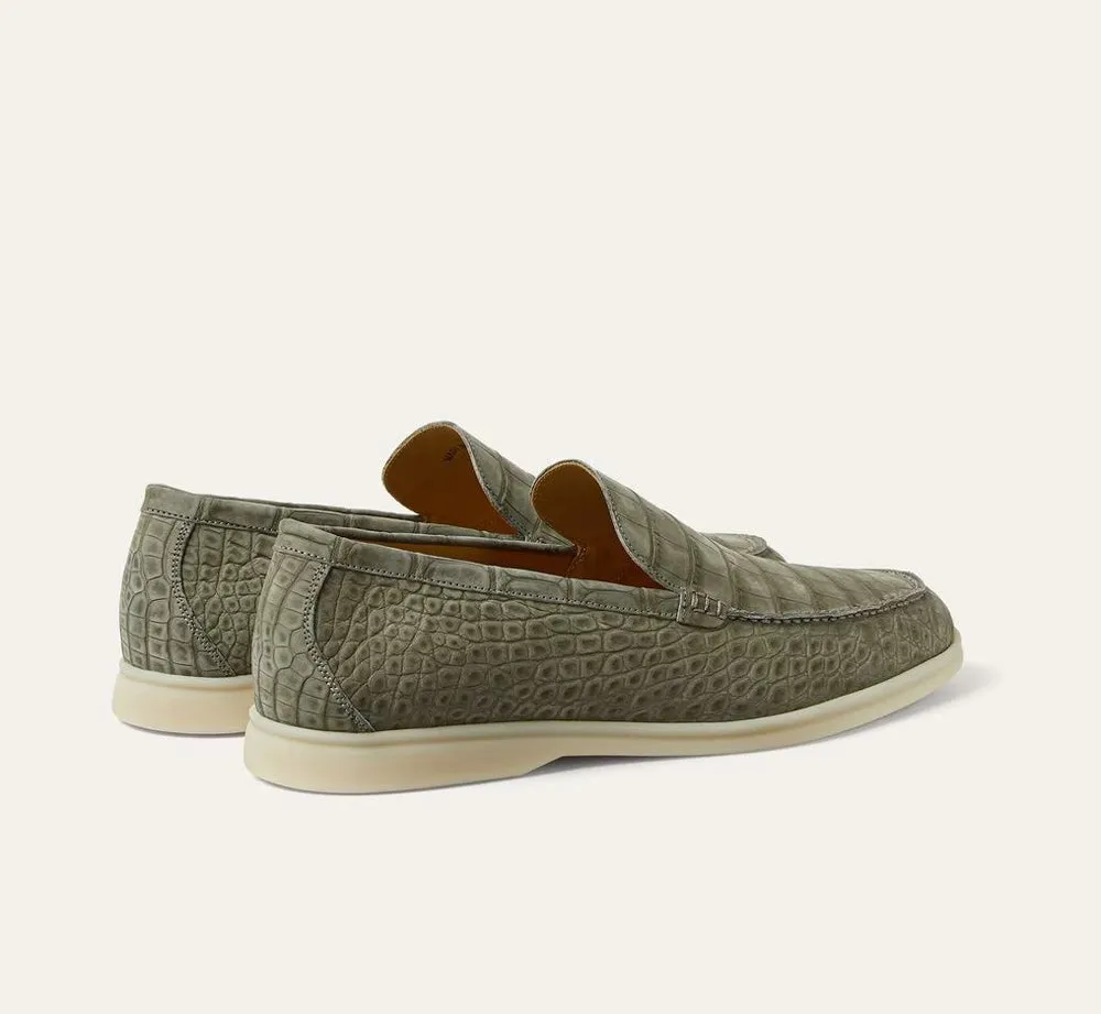 Casual Elegance Open Fest Nubuck Crocodile Shoes Men's Crocodile Leather Loafers Slip-On Dress Shoes Very Comfortable Khaki