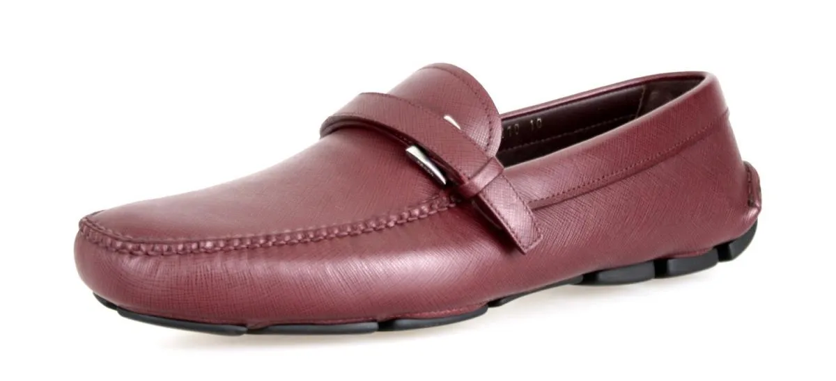 Prada Men's Red Saffiano Leather Loafers 2DD110 Waxed Finish Stylish Leather Slip-ons