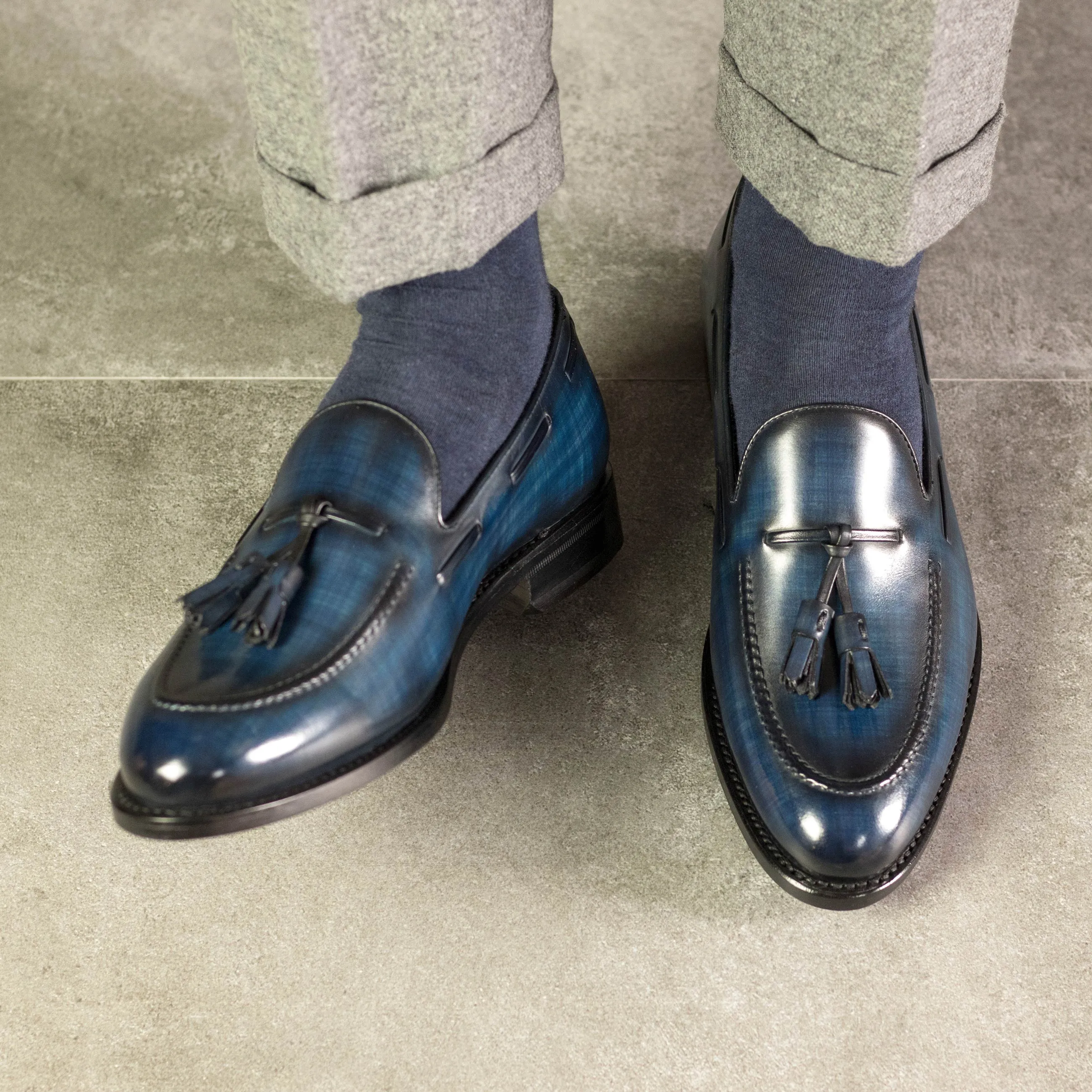 Stylish Footwear Heel Steady Denim Blue Patina Tassel Loafers
